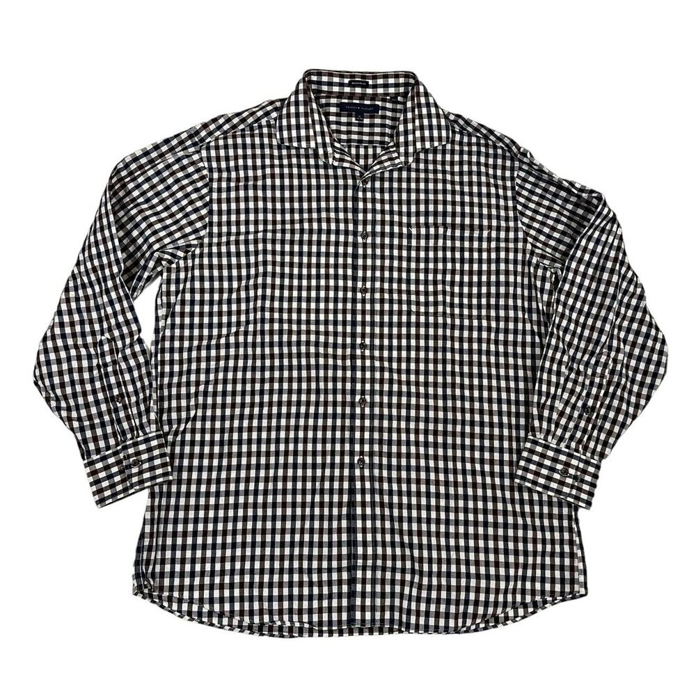 TOMMY HILFIGER Men's Long Sleeve Button-Up Plaid Navy Brown Shirt Size 17 (XL)